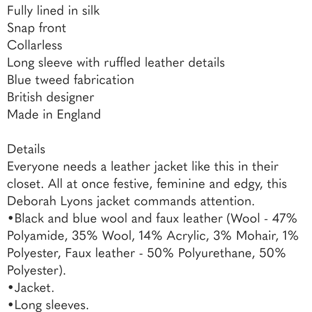 Deborah Lyons Ohio Black Vegan Leather & Tweed Jacket Size 8 - Picture 5 of 8
